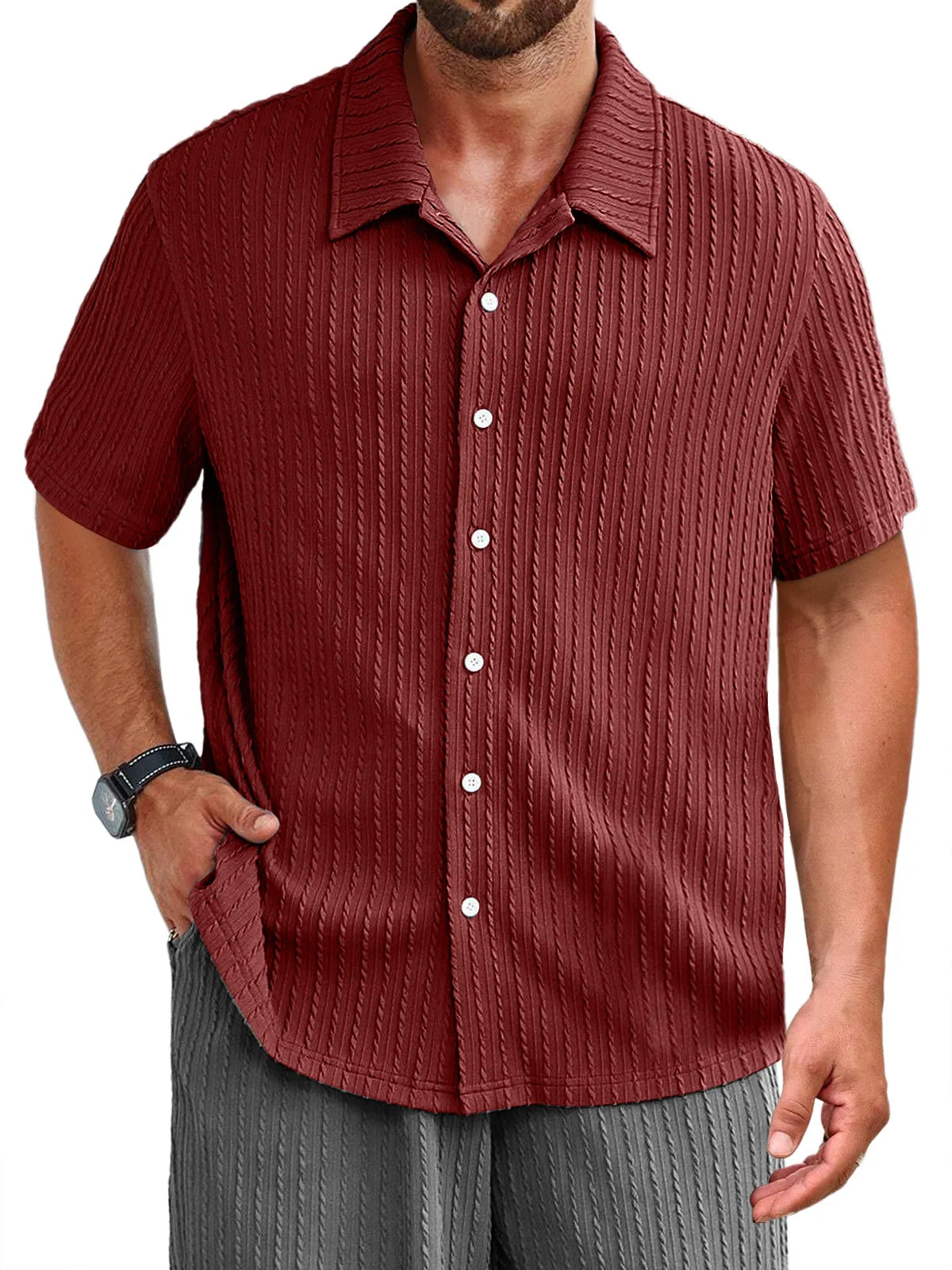 Men's Daily Jacquard Texture Casual Solid Color Short-sleeved Shirt