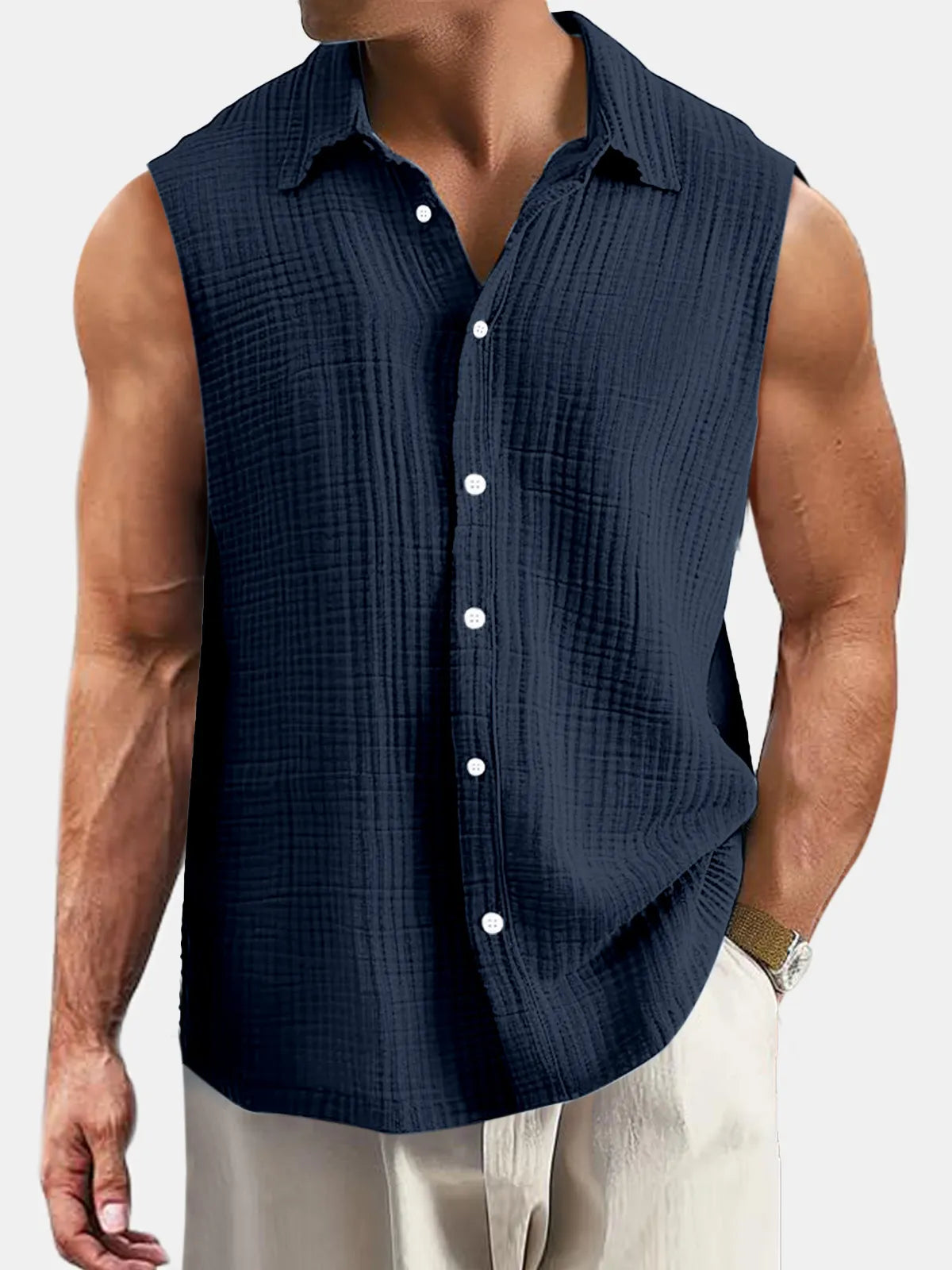 Men's Summer Casual Simple Puff Wrinkle Sleeveless Shirt