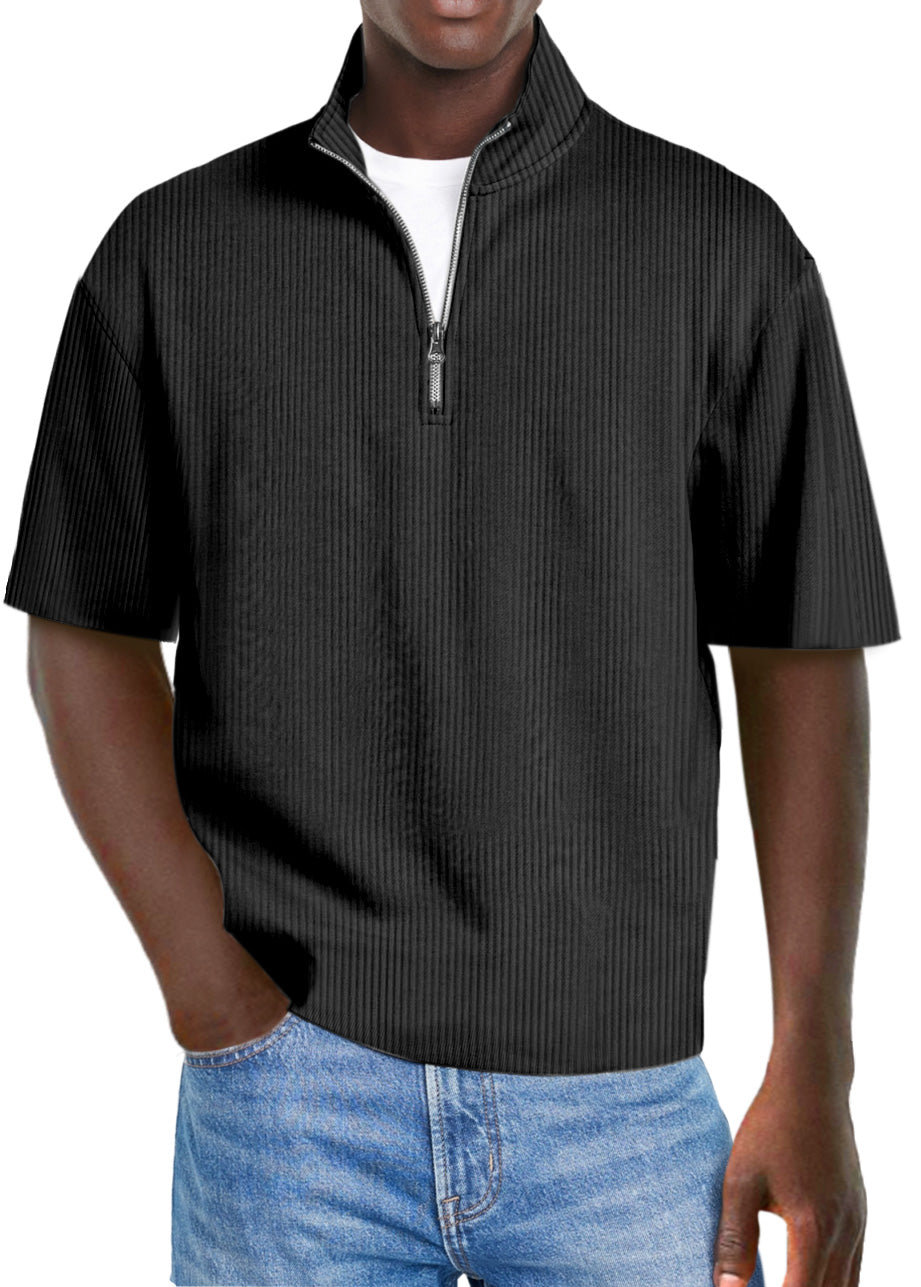 Men's Casual Solid Color Pit Collar Stand Collar Zipper Short Sleeve Polo Shirt