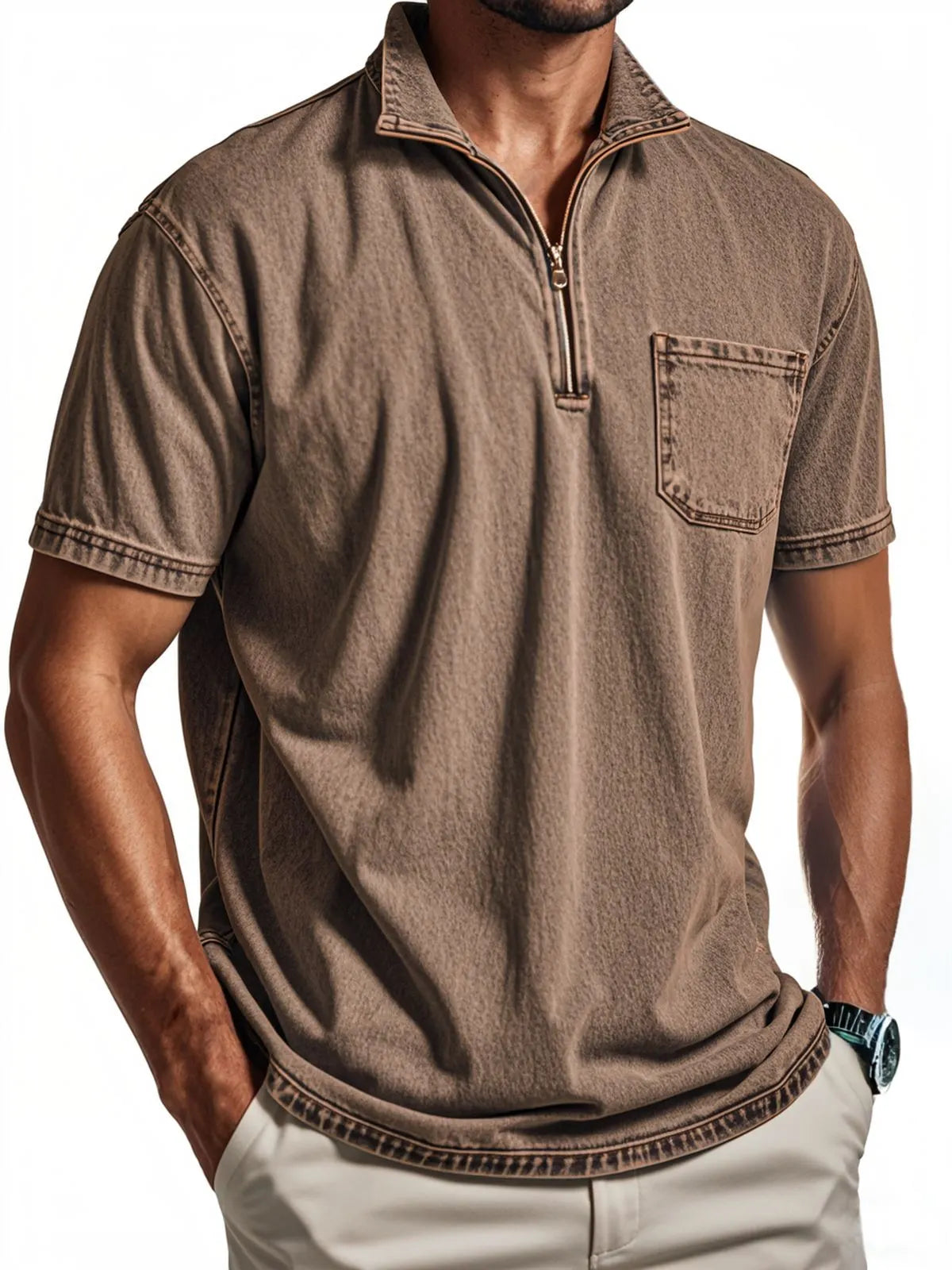 Men's Vintage Distressed Quarter Zip Polo Shirt With Chest Pocket