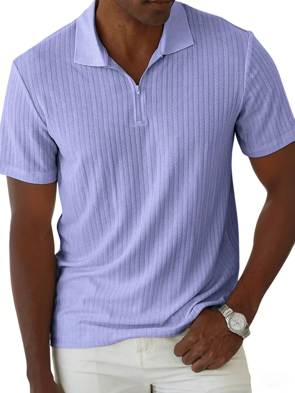 Men's Jacquard Casual Quarter Zip Lapel Short Sleeve Polo Shirt