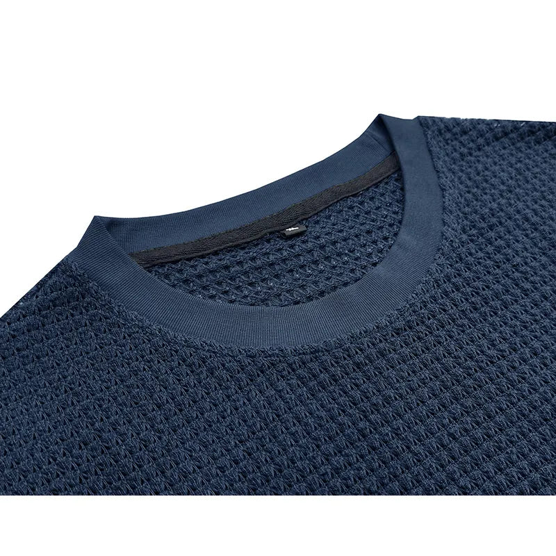 Men's Knitted Waffle Quality Casual Round Neck Short-sleeved T-shirt