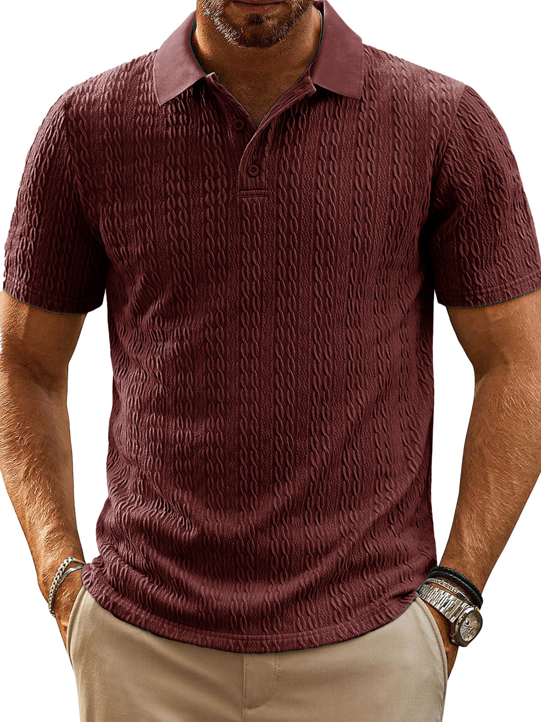 Men's Fashion Everyday Jacquard Fabric Short-sleeved Lapel Pocket Polo Shirt