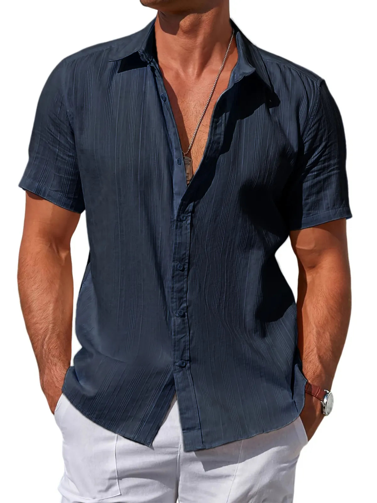 Men's Striped Textured Casual Vacation Short Sleeve Shirt