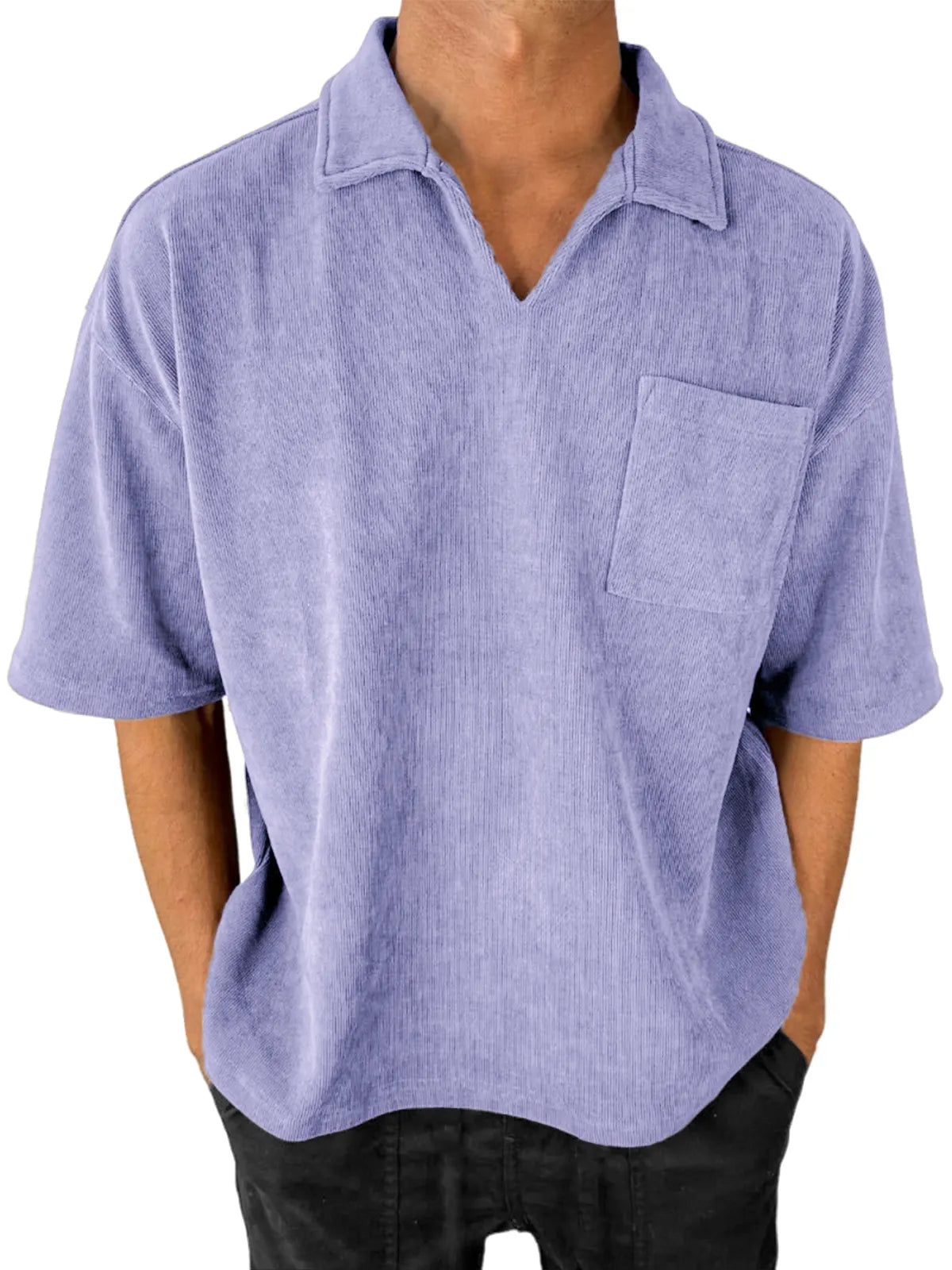 Men's Stylish V-Neck Ribbed Corduroy Casual POLO Shirt With Chest Pocket