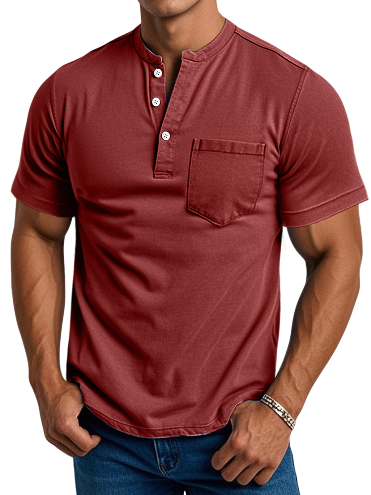 Men's Daily Casual Pocket Stand Collar Short Sleeve Comfortable Henley Shirt