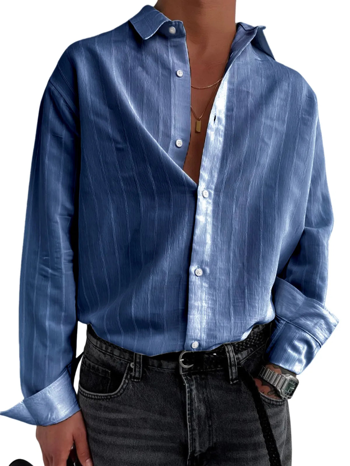 Men's Stylish Striped Textured Casual Long Sleeve Shirt