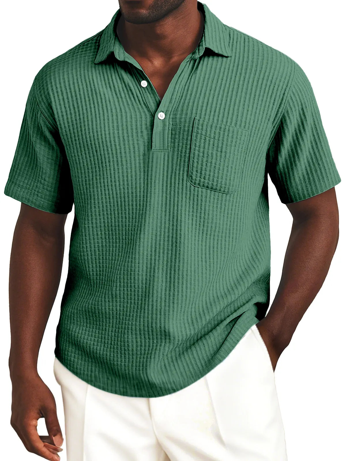 Men's Simple Everyday Solid Color Waffle Lapel Button-up Polo Shirt