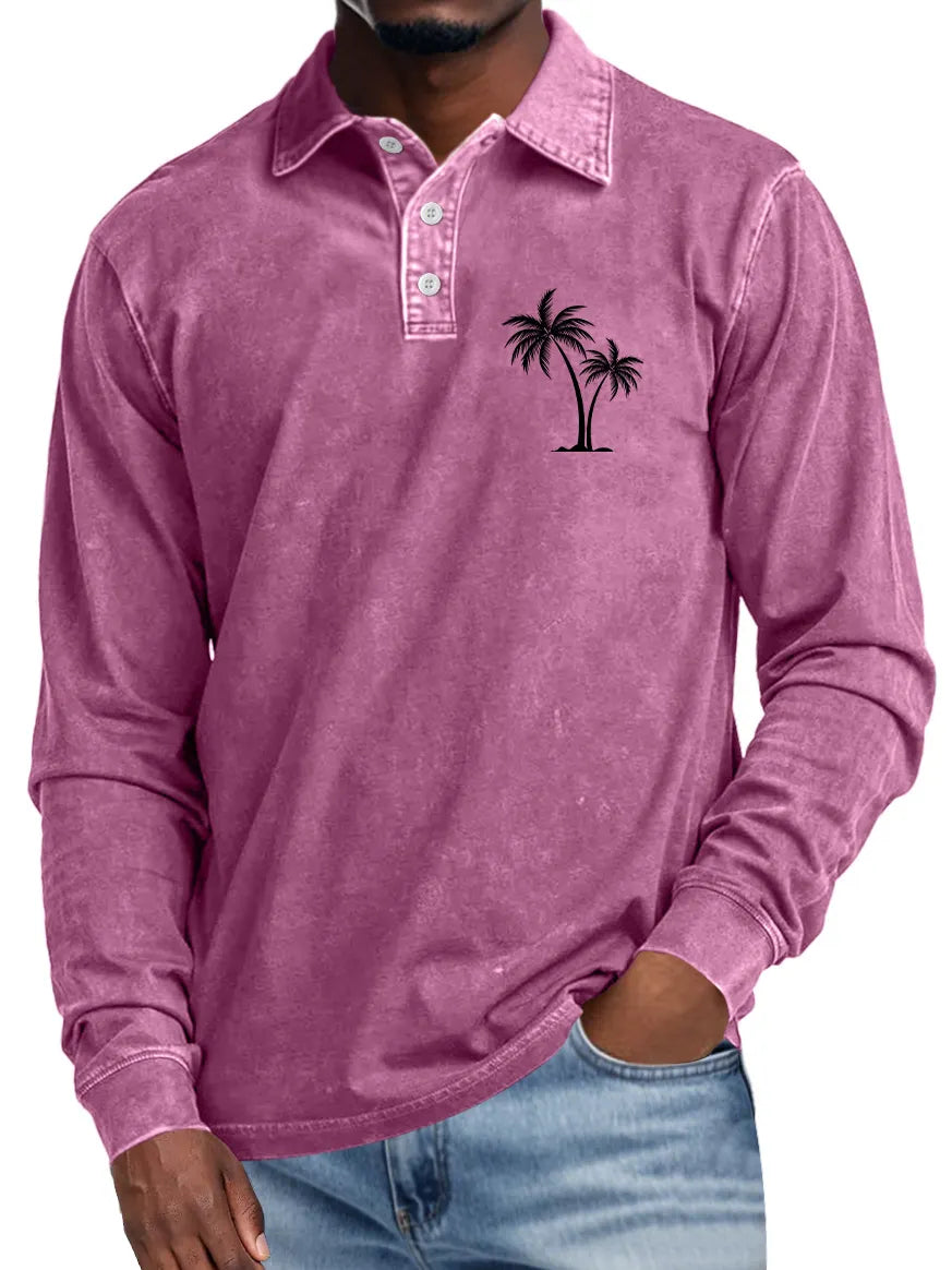 Men's Casual Lapel Buttoned Coconut Print Long Sleeve POLO Shirt