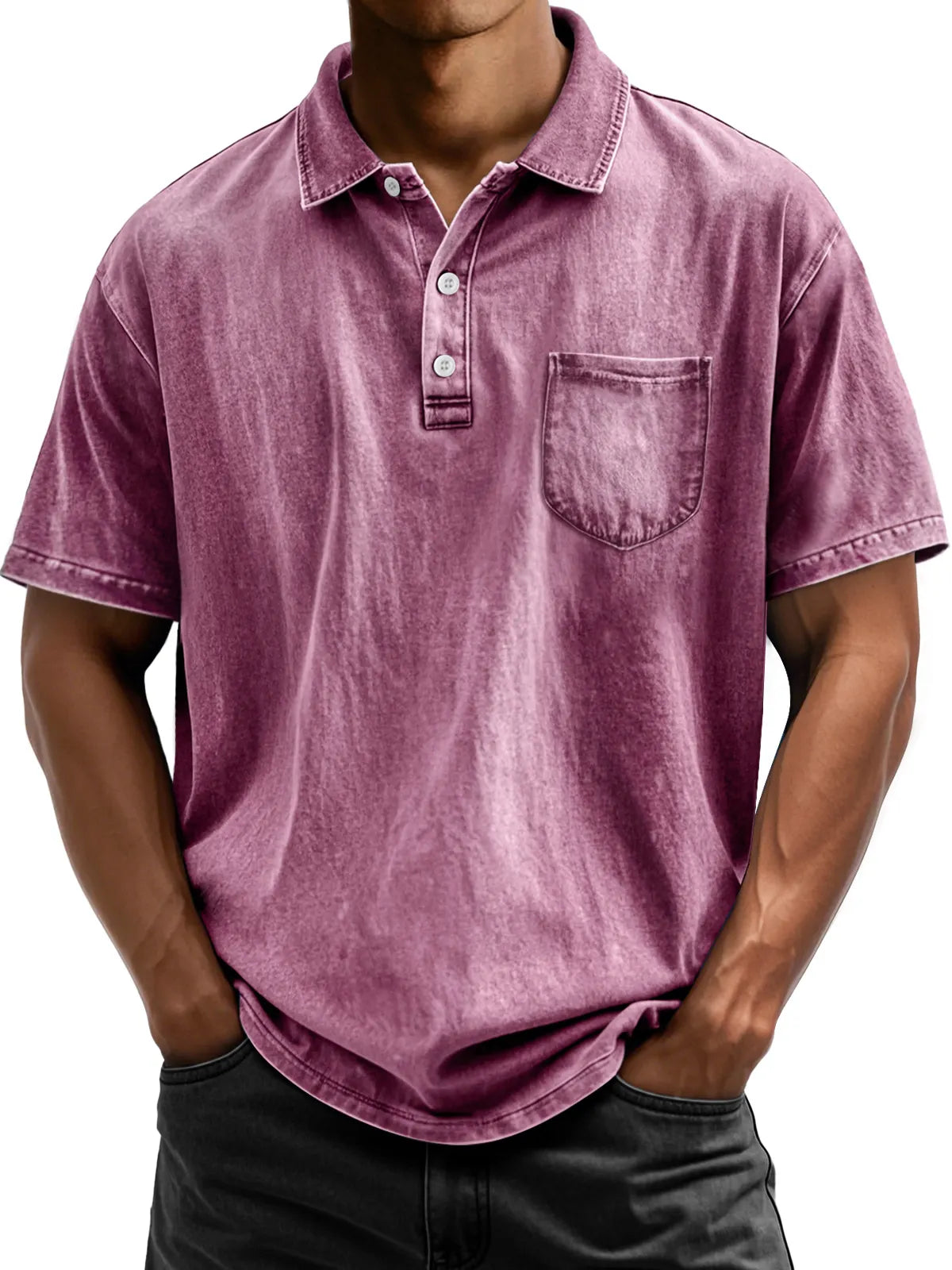 Men's Vintage Cotton Washed Distressed Lapel Pocket Short Sleeve POLO Shirt