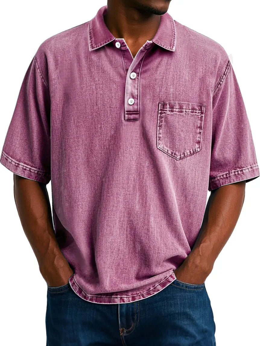 Men's Vintage 100% Cotton Washed Distressed Lapel Pocket Casual Short Sleeve POLO Shirt