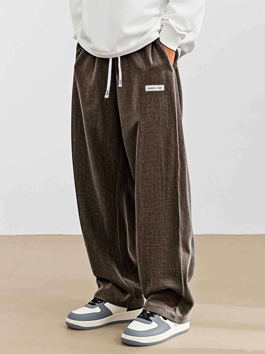 Men's Fashion Casual Everyday Hemp Fabric Pocket Embroidered Logo Loose Trousers