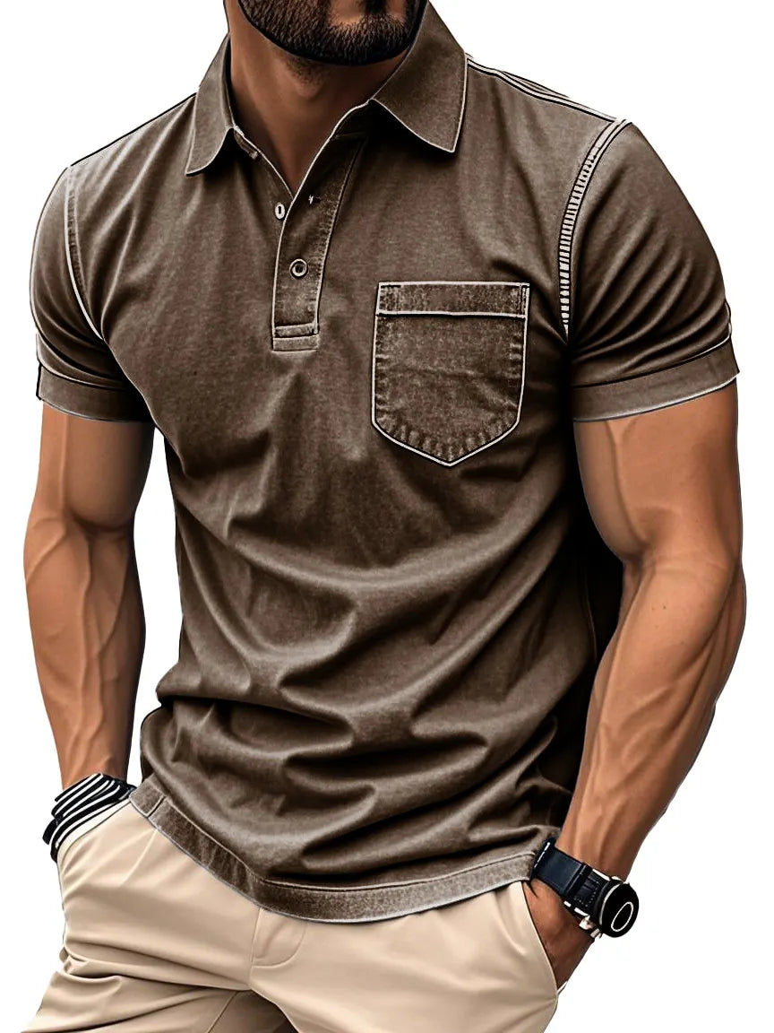 Men's Fashion Retro Distressed Lapel Short-sleeved Pocket Polo Shirt
