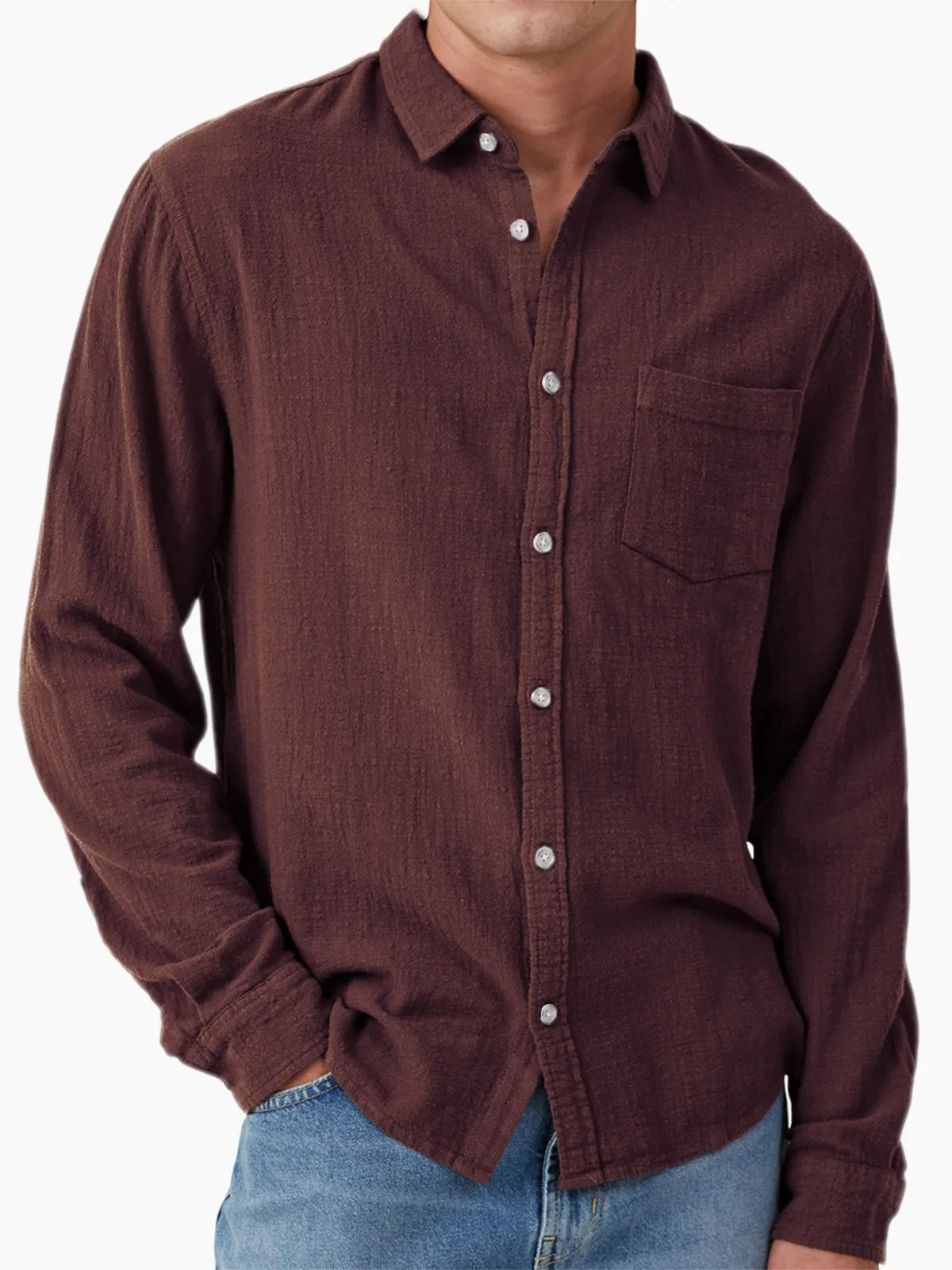 Men's Vacation Hawaiian Casual Vintage Cotton Casual Long Sleeve Shirt with Chest Pocket