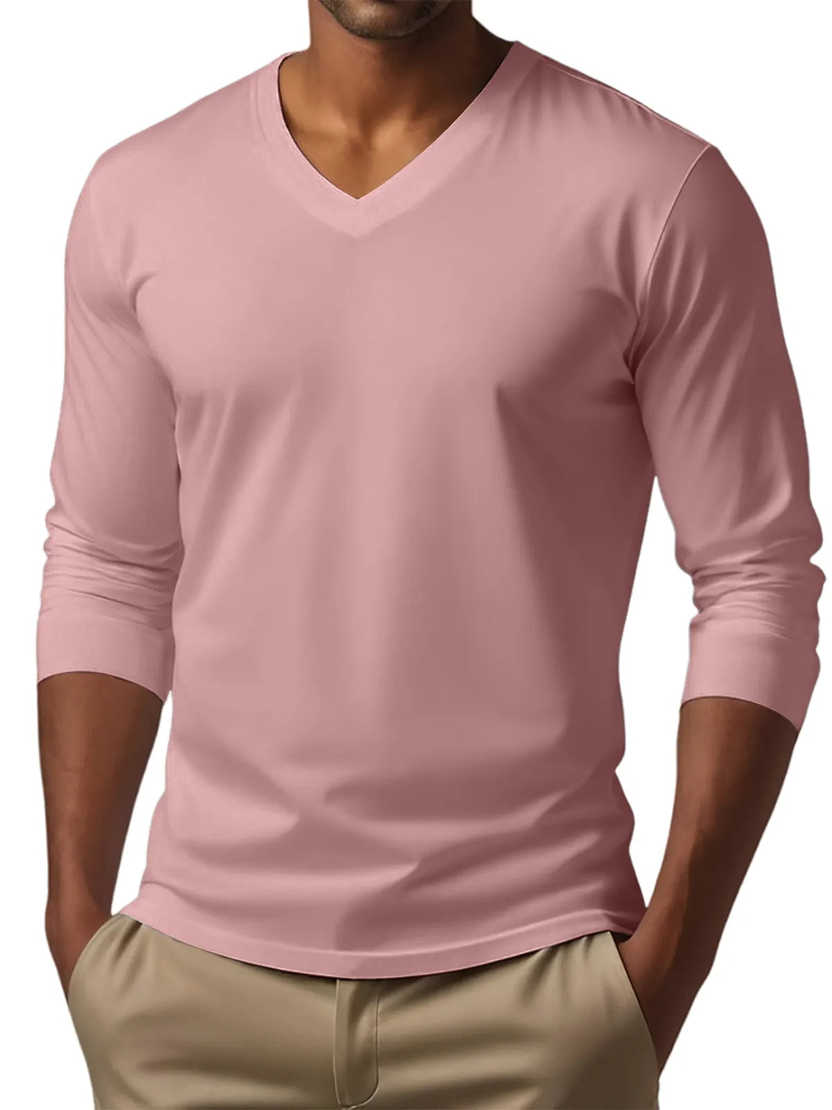 Men's V-neck casual solid color long-sleeved T-shirt