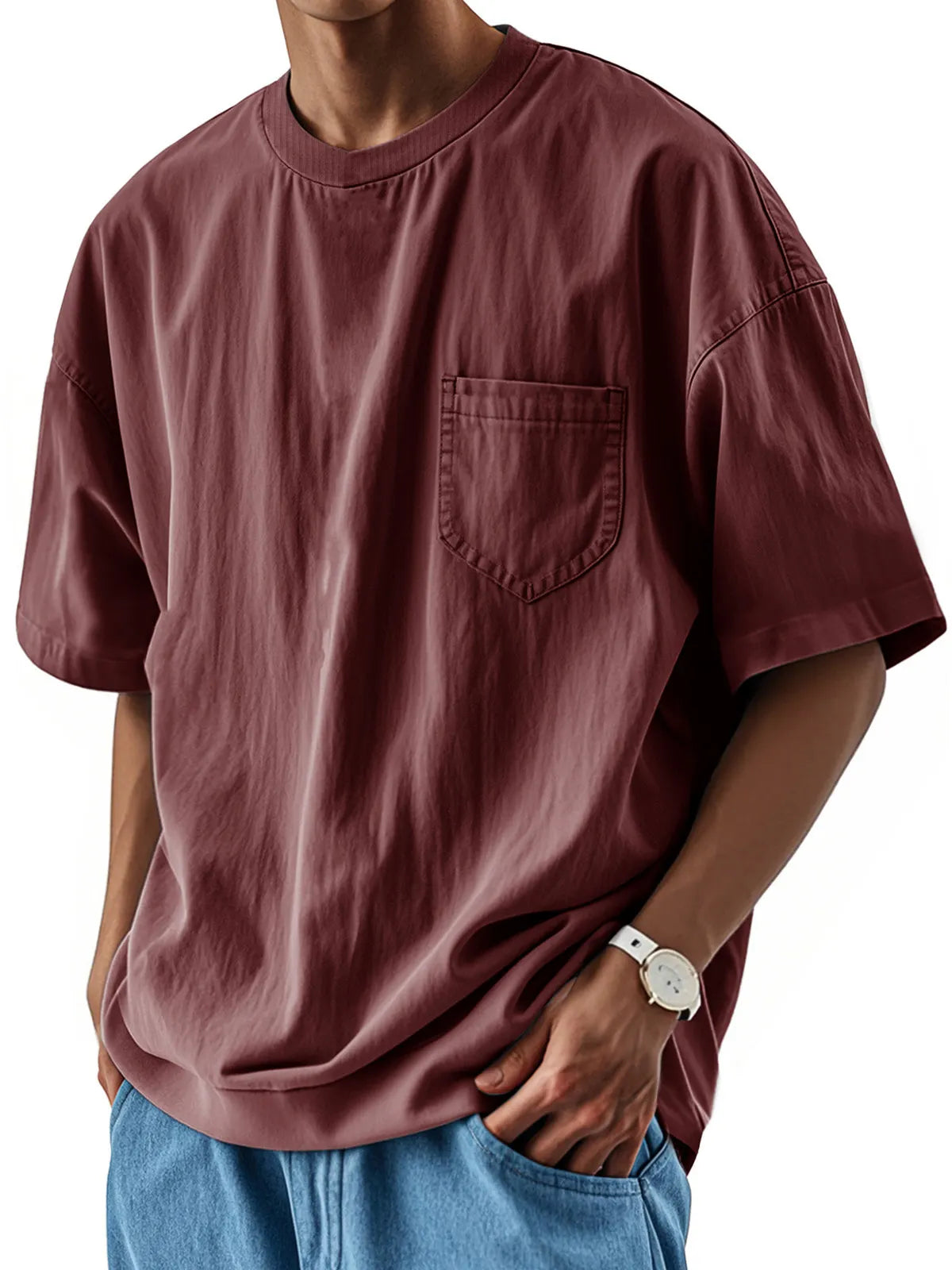 Men's Fashion Casual Retro Shirt Round Neck Pocket Short Sleeve T-Shirt
