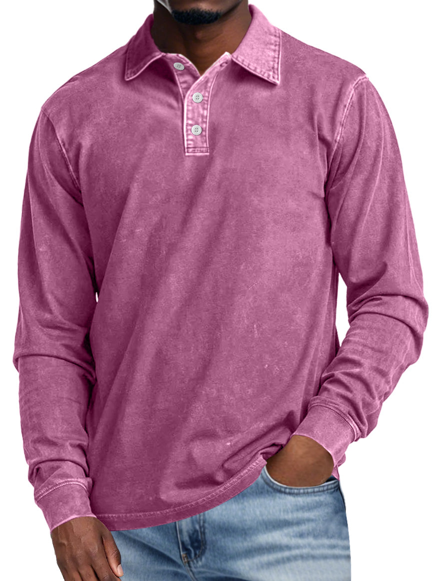 Men's Retro Lapel Button Casual Solid Color Long Sleeve Polo Shirt