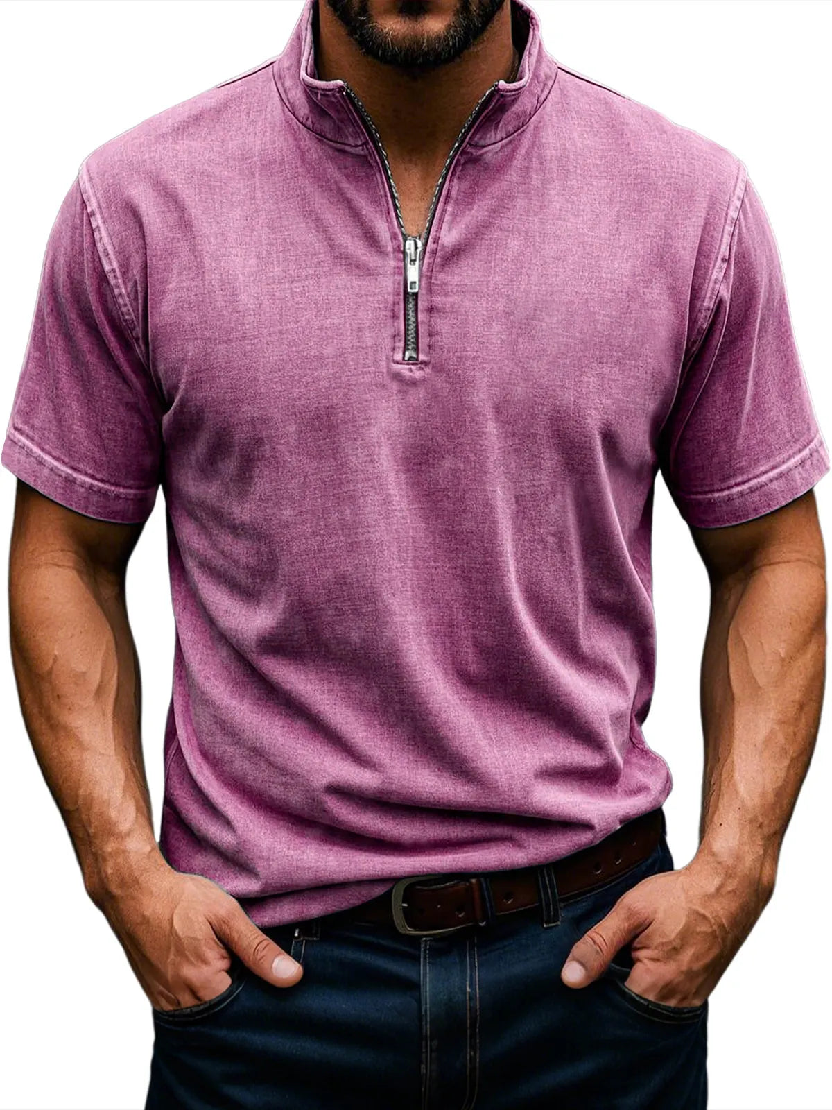 Men's Retro Stand Collar Zipper Casual Solid Color Short Sleeve T-Shirt