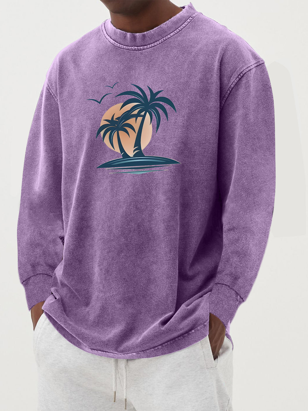 Men's Washed And Distressed 100% Palm Tree Print Long-sleeved T-shirt