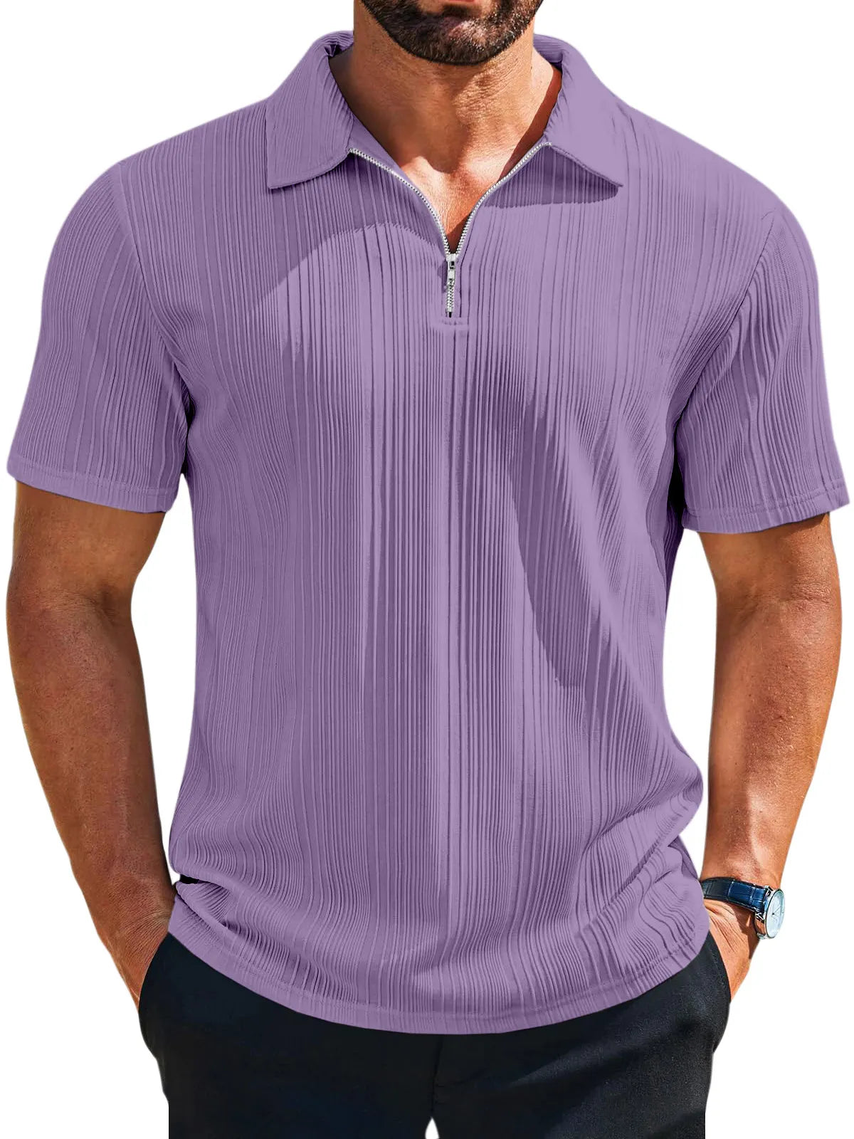 Men's casual loose solid color texture zipper short-sleeved POLO shirt