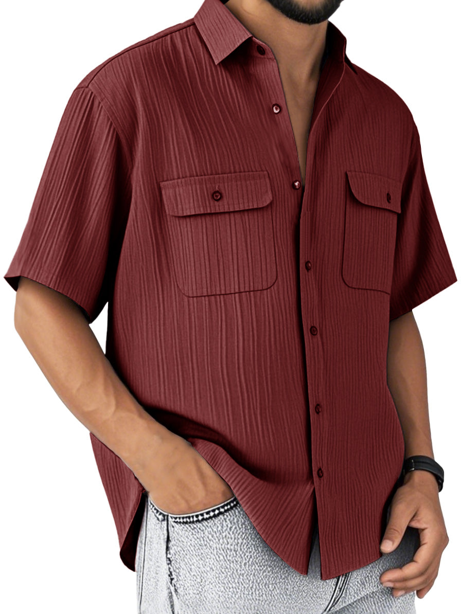 Men's Fashion Retro Double Pocket Lapel Short Sleeve Shirt