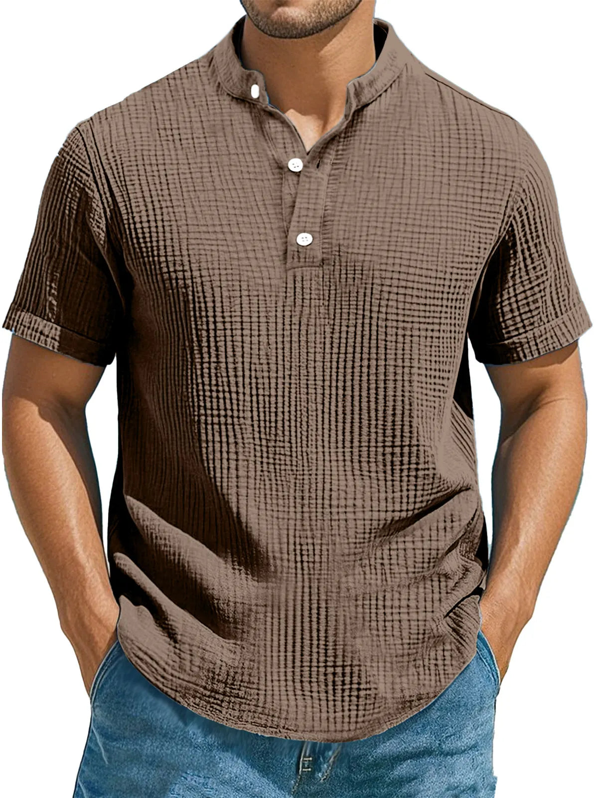 Men's Casual Solid Color Pleated Texture Short-sleeved Stand Collar Henley Shirt