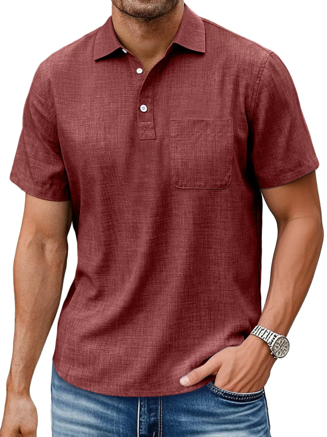 Men's Daily Lapel Pocket Casual Comfortable Solid Color Short-sleeved Polo Shirt