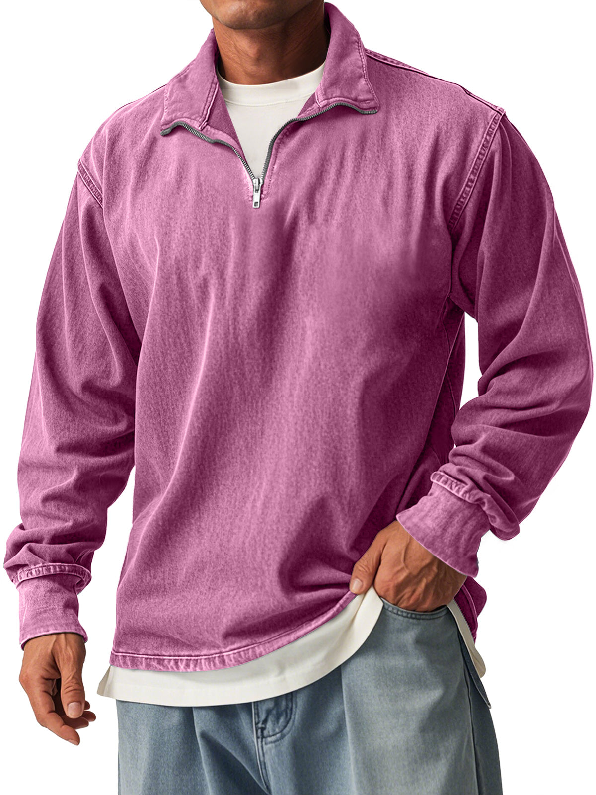 Men's Retro Casual Stand Collar Zipper Long Sleeve T-Shirt