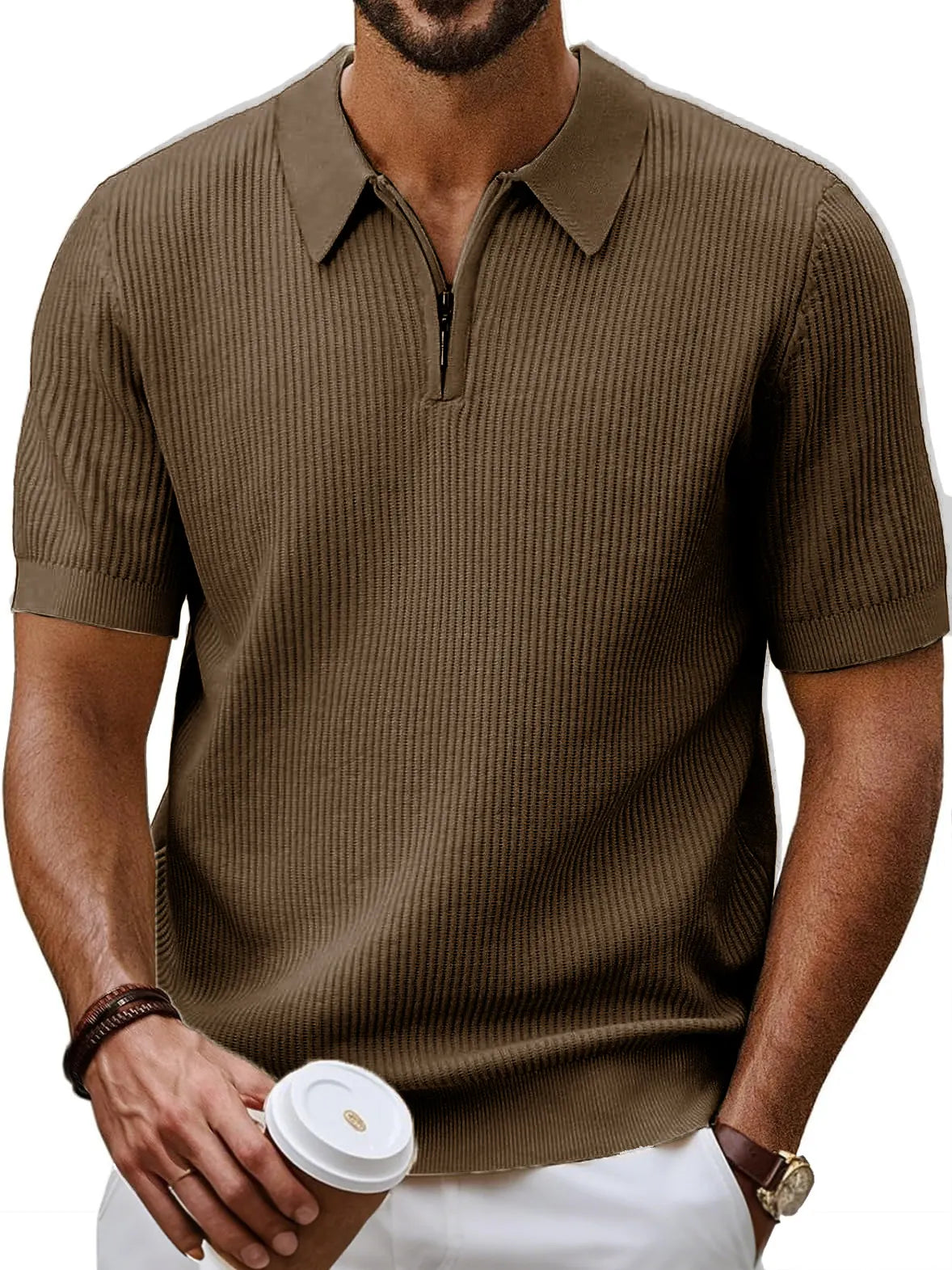 Men's Fashion Daily Casual Ripstop Fabric Zipper Short-sleeved Polo Shirt