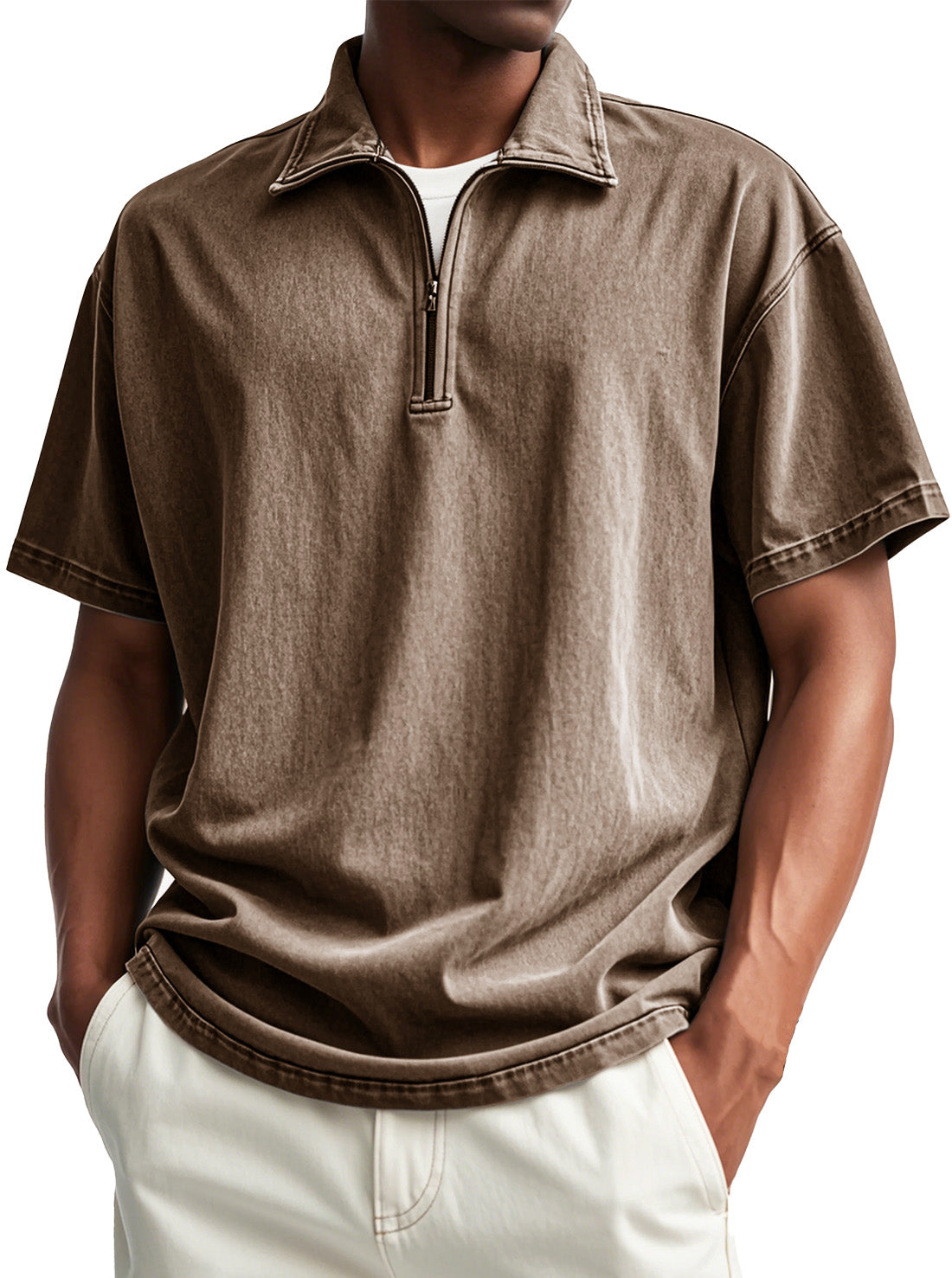 Men's Fashion Retro Distressed Short Sleeve Stand Collar Zip Polo Shirt