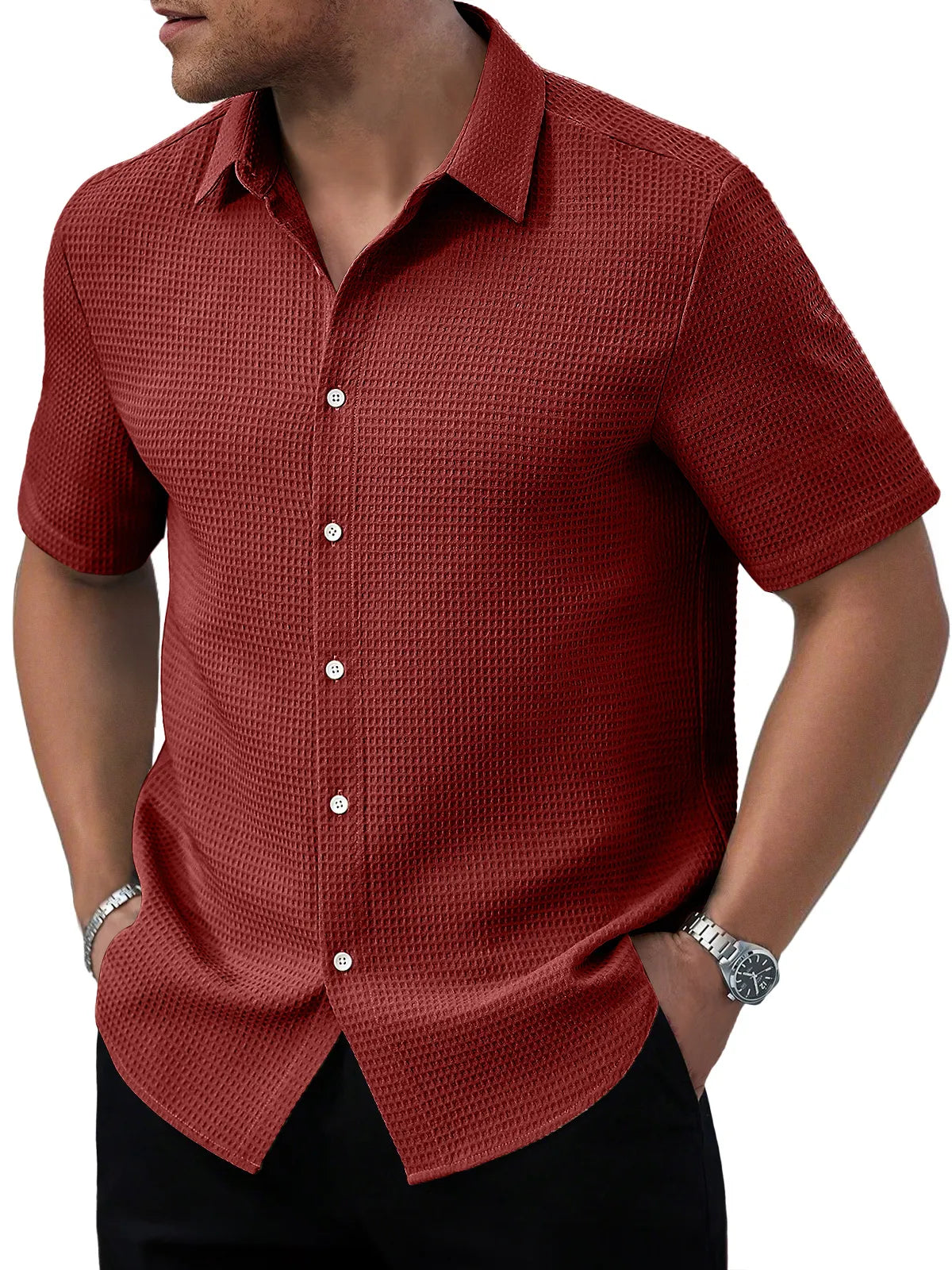 Men's Waffle Daily Casual Comfort Solid Color Short Sleeve Shirt
