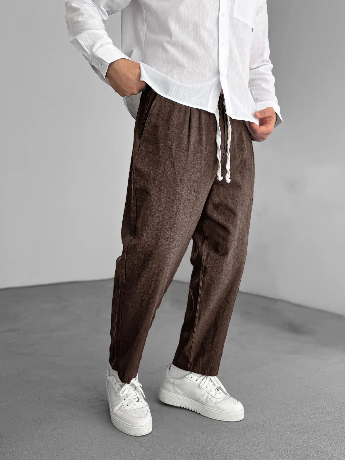 Men's Fashion Casual Hemp Fabric Elastic Drawstring Pocket Trousers