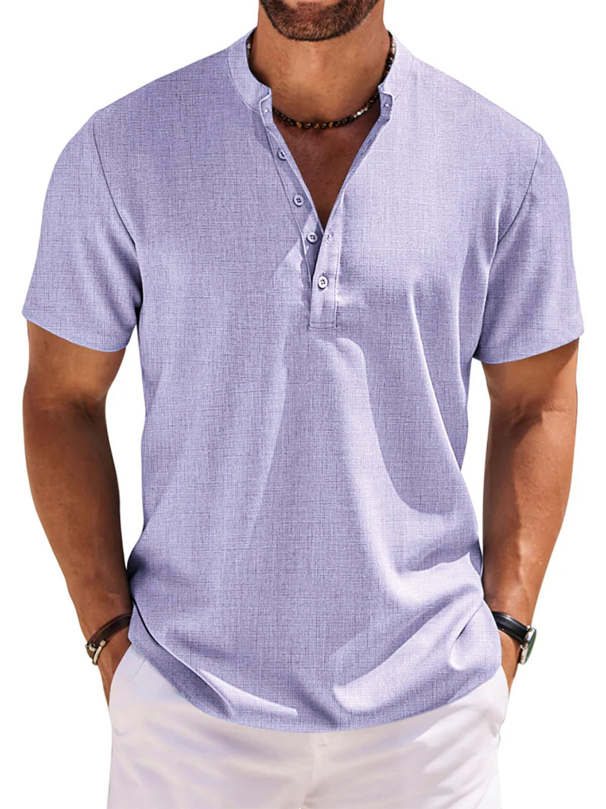 Men's 100% Cotton and Linen Casual Short Sleeve Henley Button Shirt
