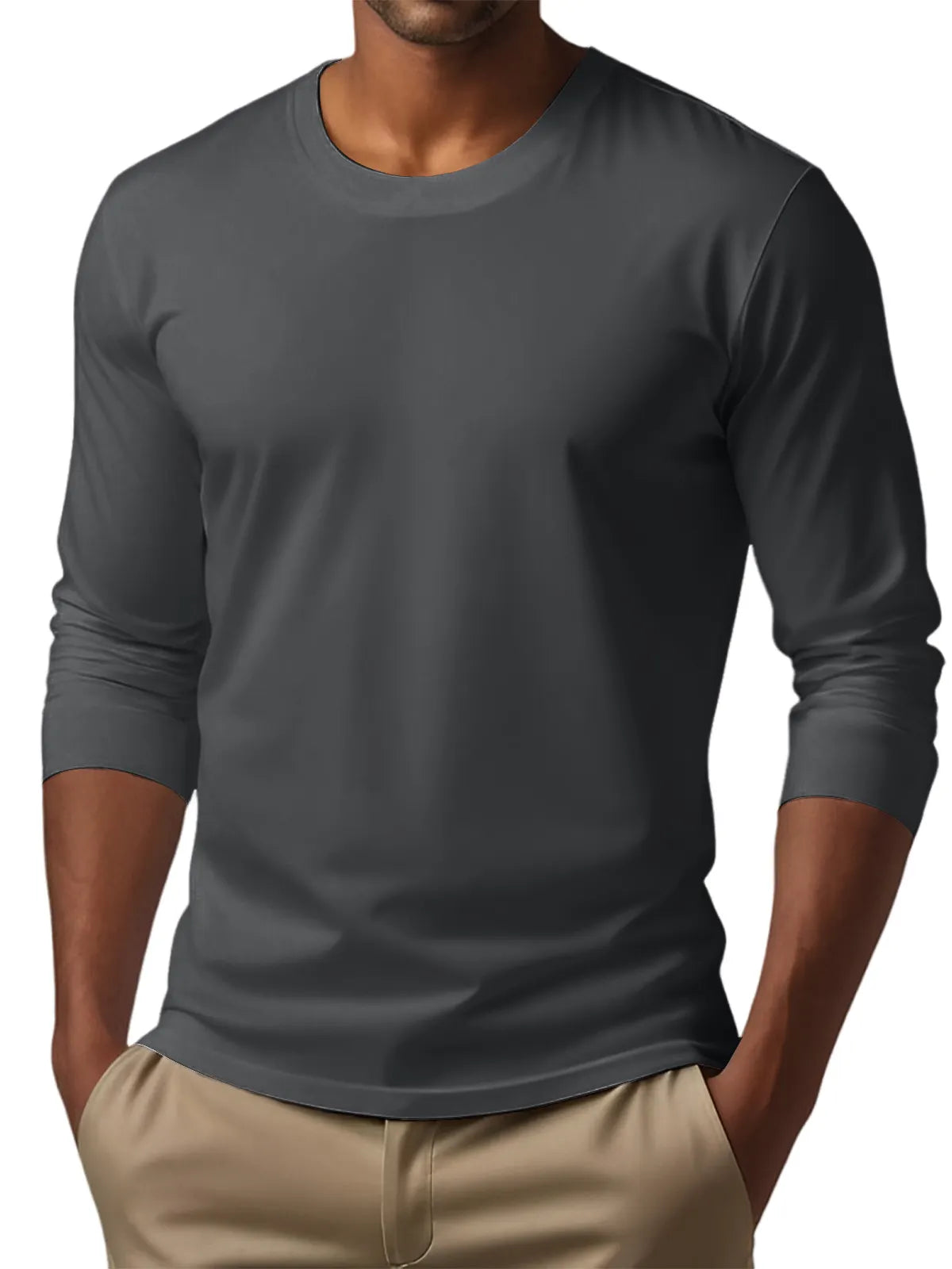 Men's Casual Round Neck Solid Color Comfortable Long Sleeve T-Shirt