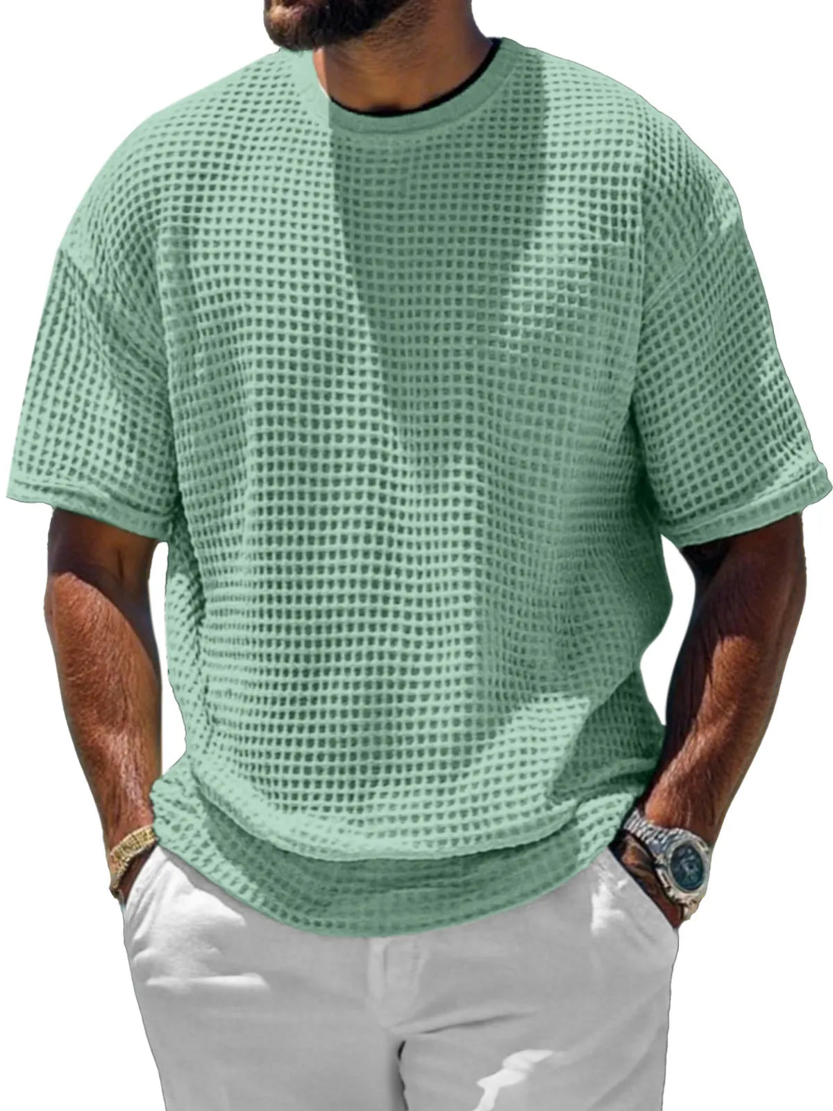 Men's Casual And Comfortable Short-sleeved Solid Color Waffle Round Neck T-shirt