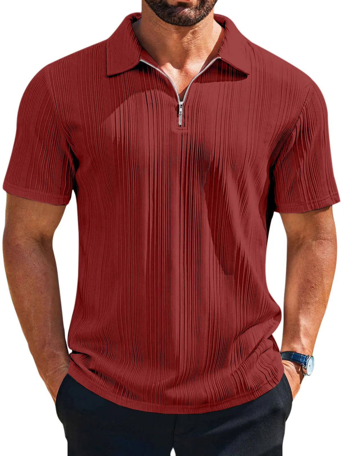 Men's casual loose solid color texture zipper short-sleeved POLO shirt