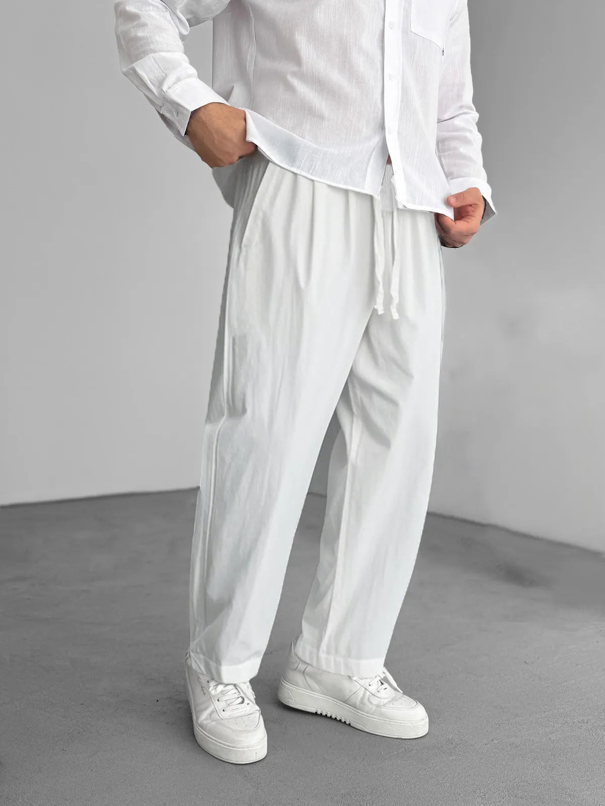 Men's Fashion Casual Hemp Fabric Elastic Drawstring Pocket Trousers