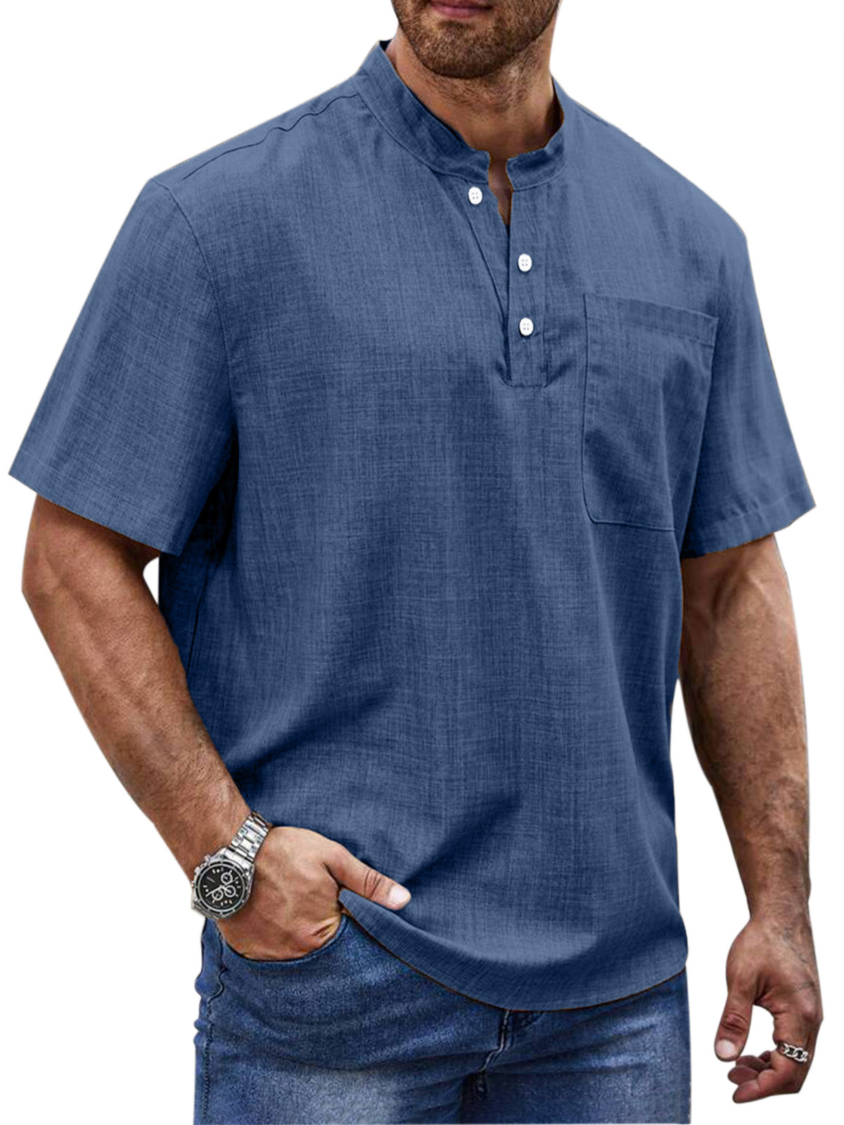 Men's Simple Daily Solid Color Short Sleeve Button Stand Collar Polo Shirt