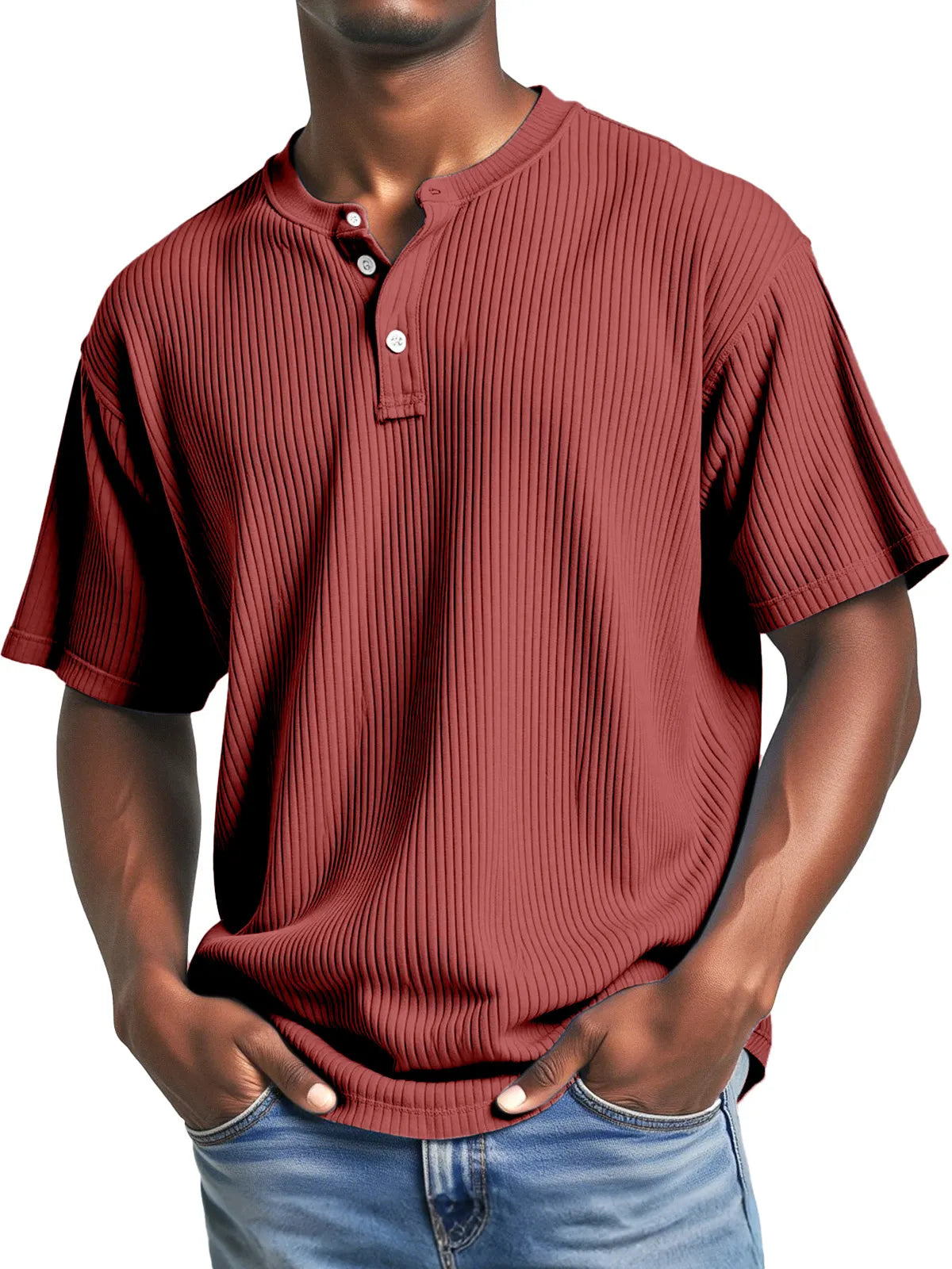Men's Casual Solid Color Simple Pitted Texture Short-sleeved Henley Shirt