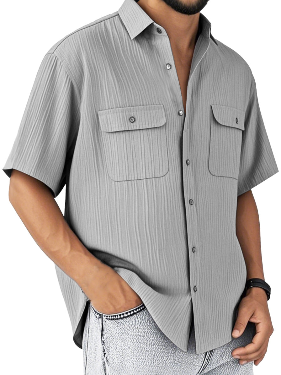 Men's Fashion Retro Double Pocket Lapel Short Sleeve Shirt