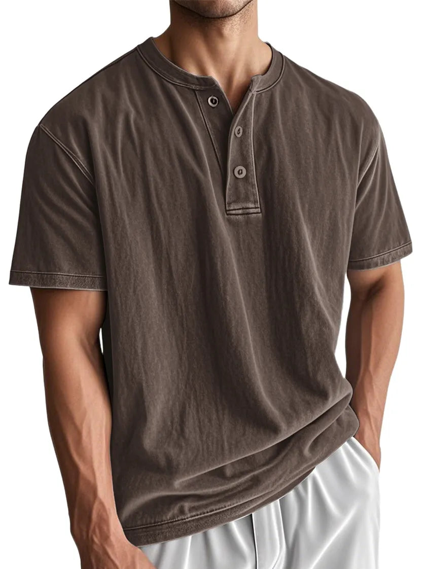 Men's Washed And Distressed Cotton Vintage Henley Collar Short-sleeved T-shirt