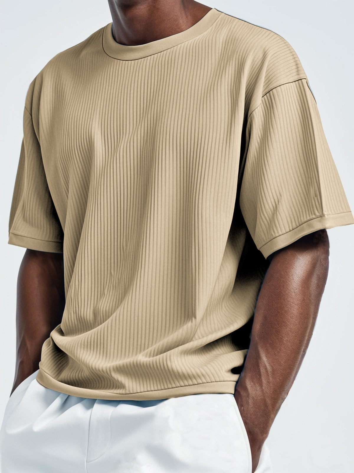 Men's Pleated Vertical Striped Fabric Casual Short Sleeve T-shirt