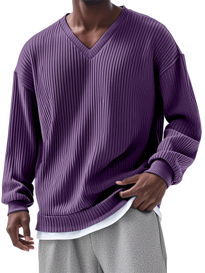 Men's Everyday Loose V-neck Vertical Long-sleeved T-shirt