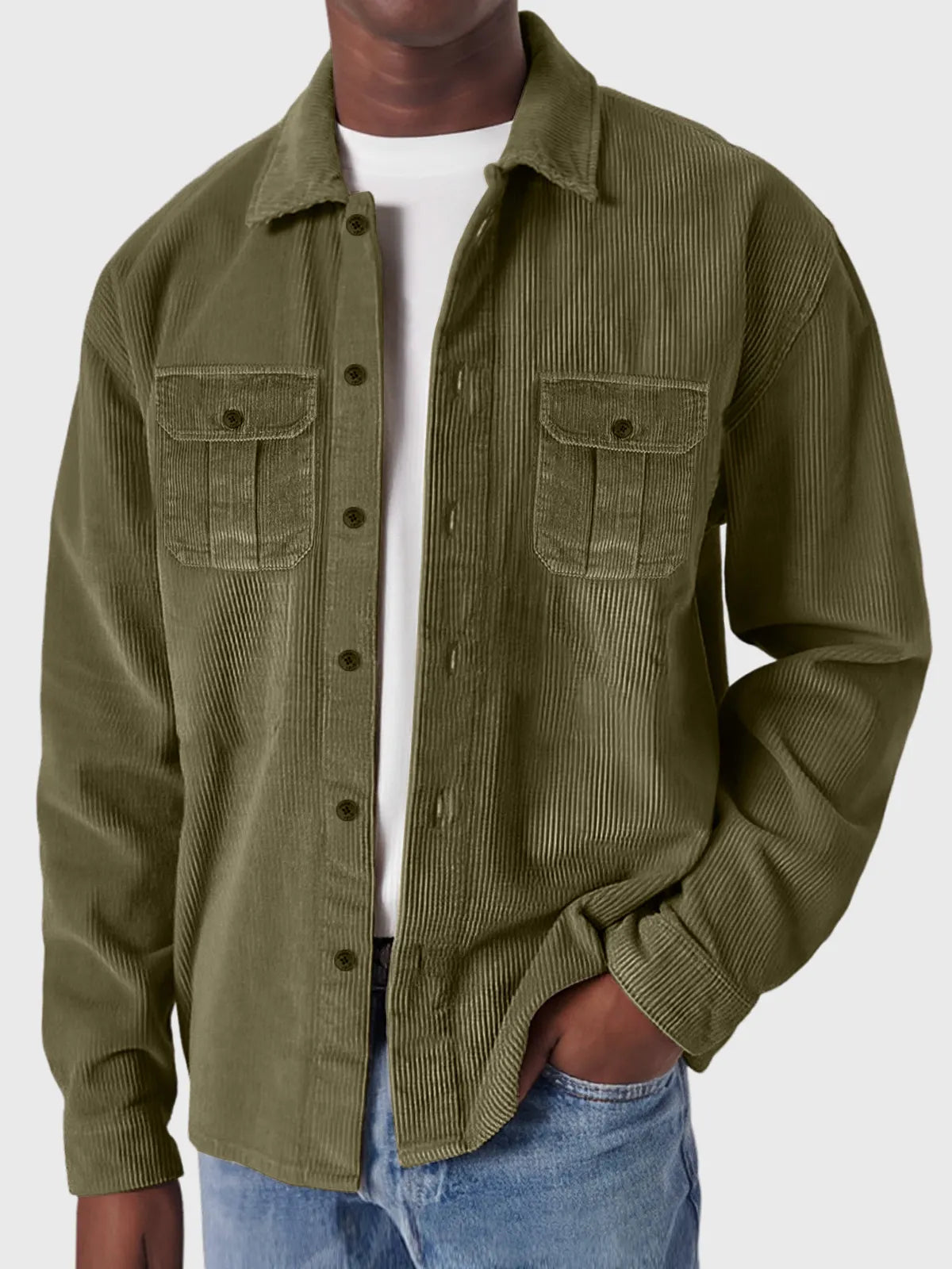 Men's Casual Corduroy Double Pocket Solid Color Long Sleeve Shirt