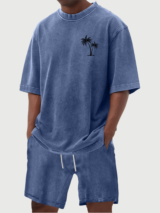 Men's 100% Cotton Vintage Distressed Washed Coconut Tree Print Short Sleeved Shirt Shorts Set