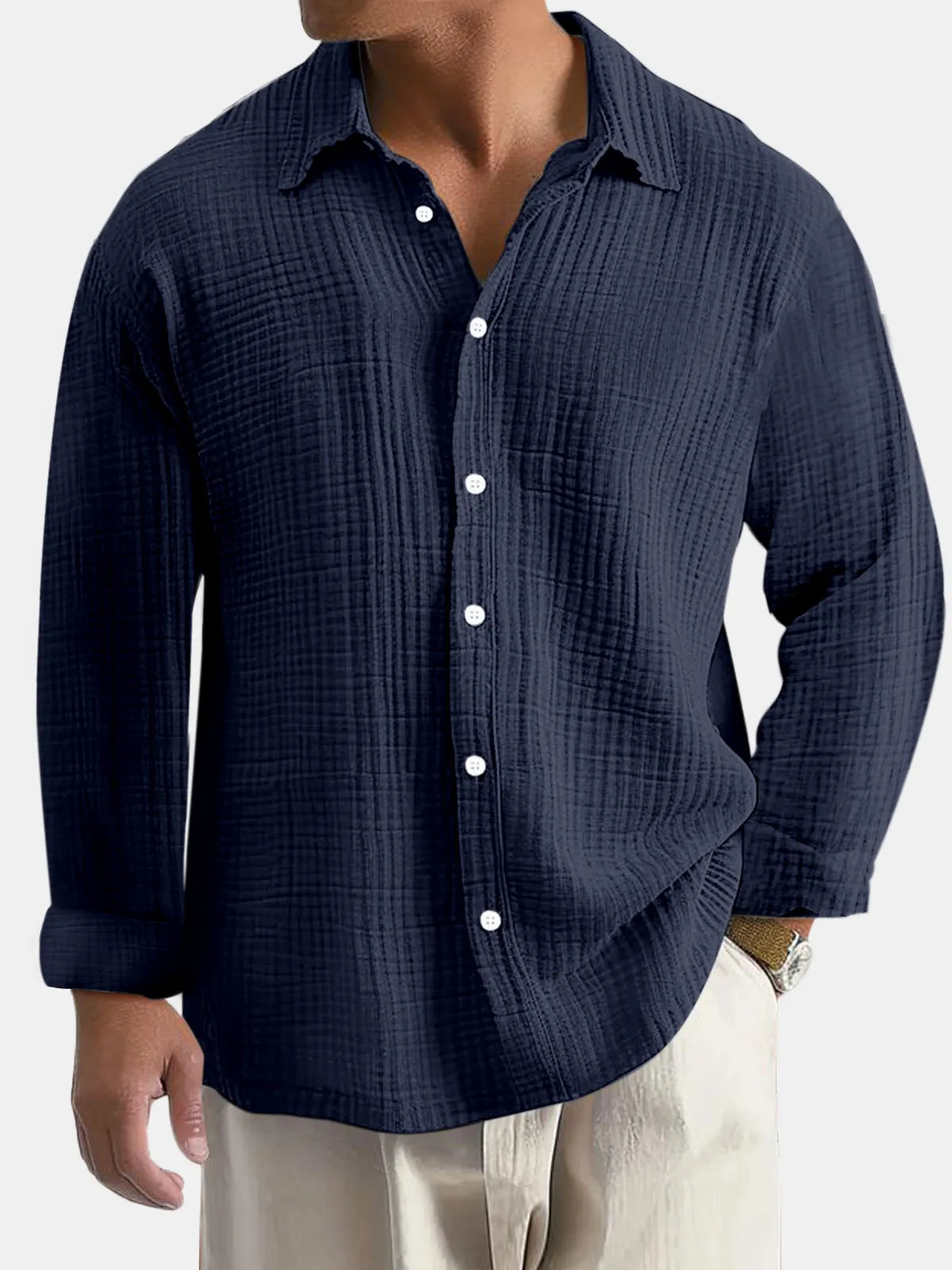 Men's Everyday Solid Color Pleated Textured Comfort Long Sleeve Shirt
