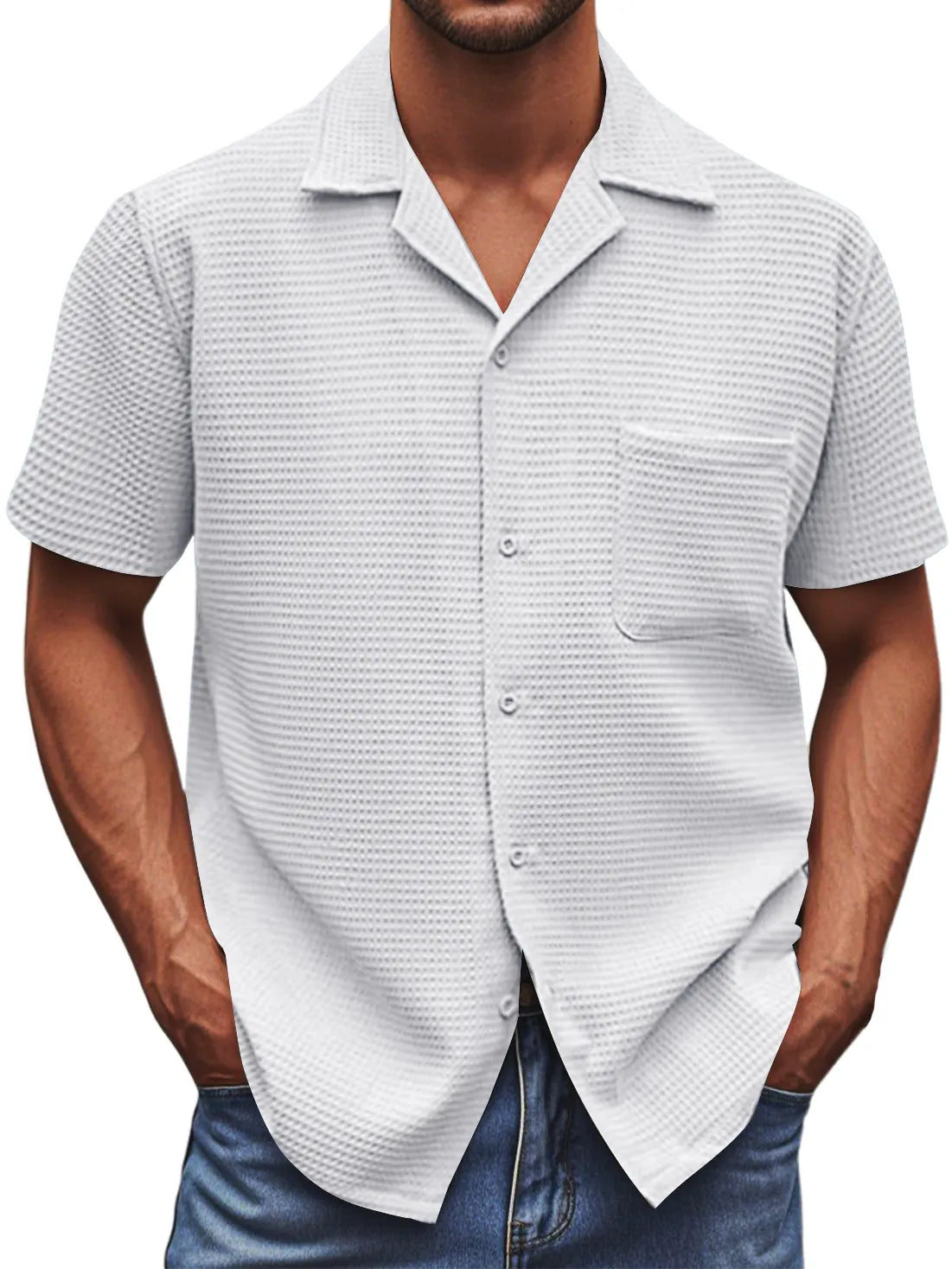 Men's Cuban Collar Waffle Texture Basic Soft And Comfortable Daily Casual Pocket Short-sleeved Shirt