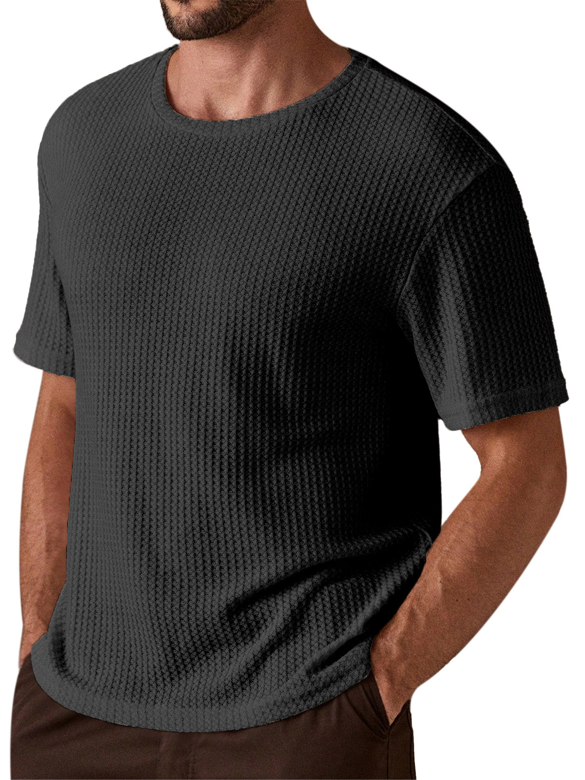 Men's Simple And Comfortable Solid Color Waffle Texture Round Neck Short-sleeved T-shirt