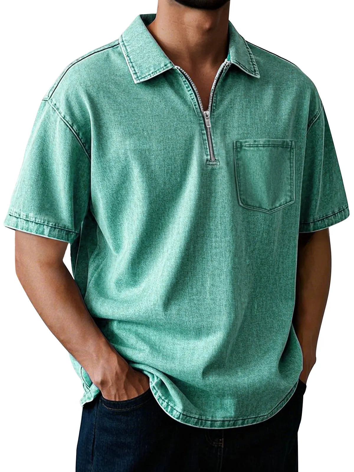 Men's Retro Lapel Zipper Pocket Casual Solid Color Short Sleeve POLO Shirt