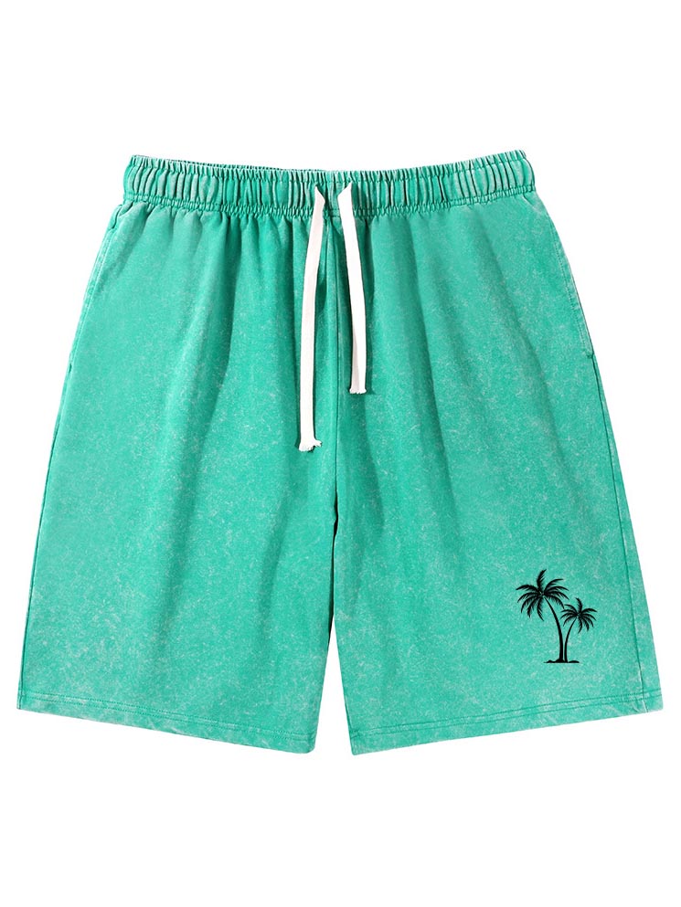 Men's Cotton Washed Water Distressed Wax Printed Pockets Palm Tree Printed Daily Shorts
